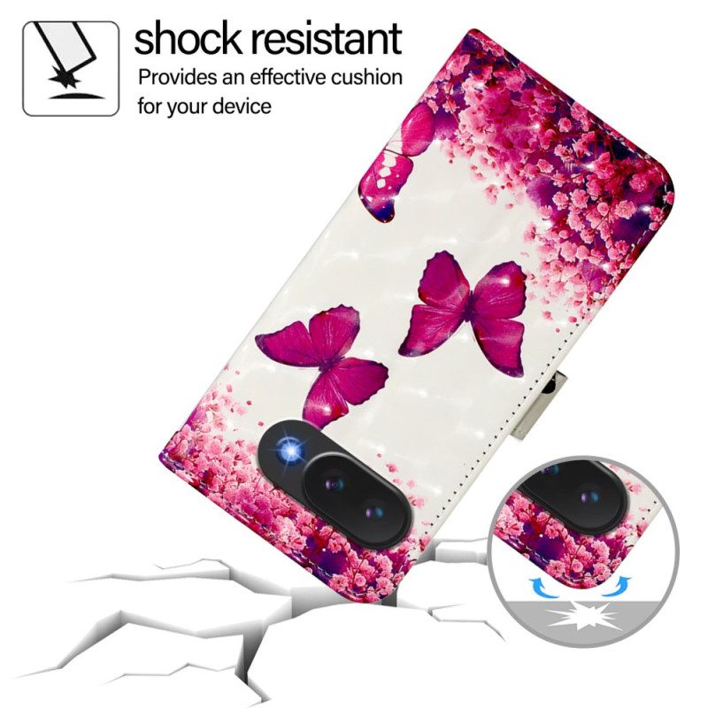 Nahkakotelo Google Pixel 10a Vaaleanpunaiset Perhoset