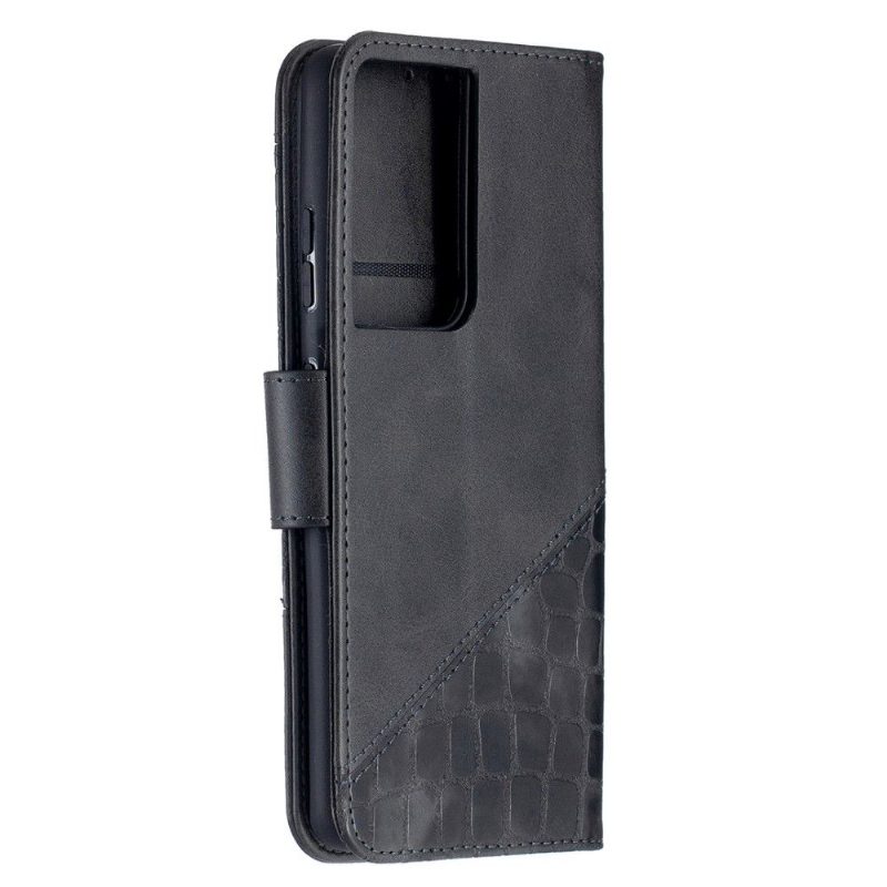 Flip Case Samsung Galaxy S21 Ultra 5G Hemming Croc Aspect -nahkaefekti