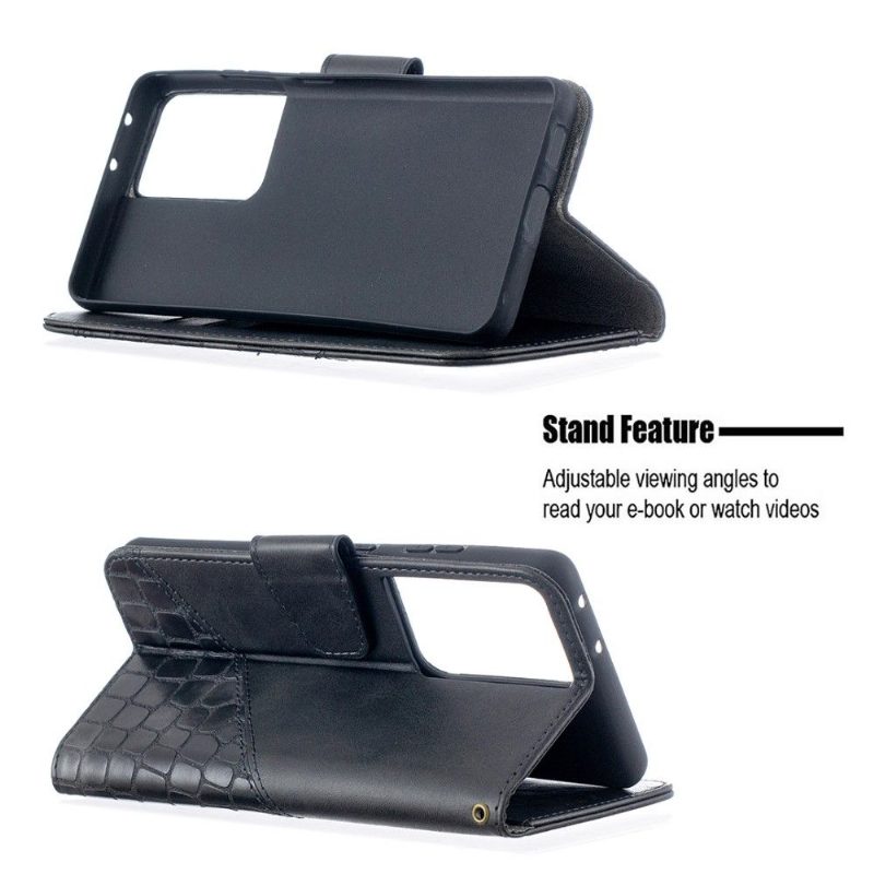 Flip Case Samsung Galaxy S21 Ultra 5G Hemming Croc Aspect -nahkaefekti