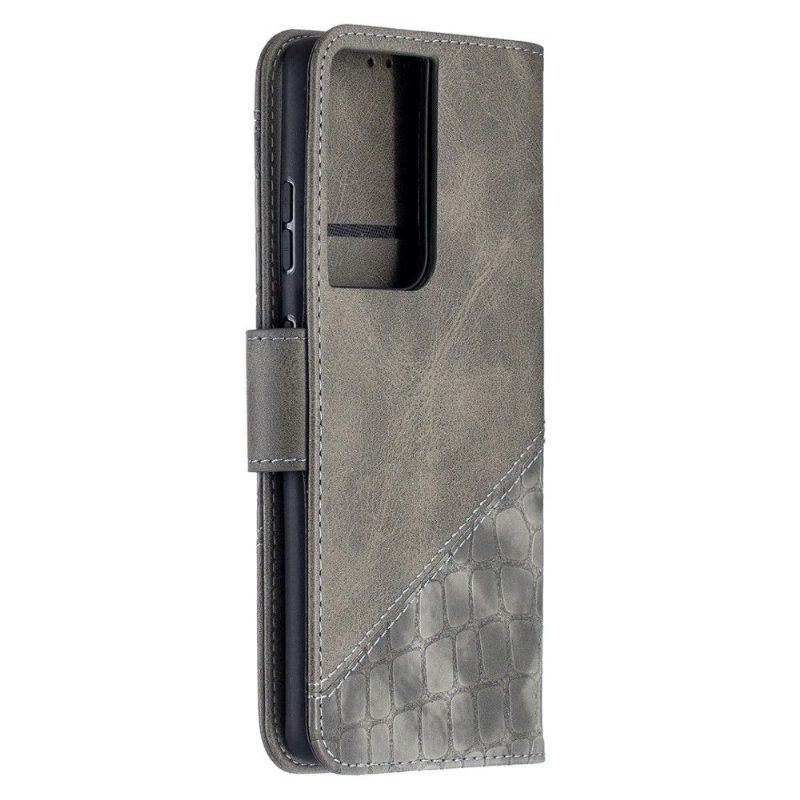 Flip Case Samsung Galaxy S21 Ultra 5G Hemming Croc Aspect -nahkaefekti