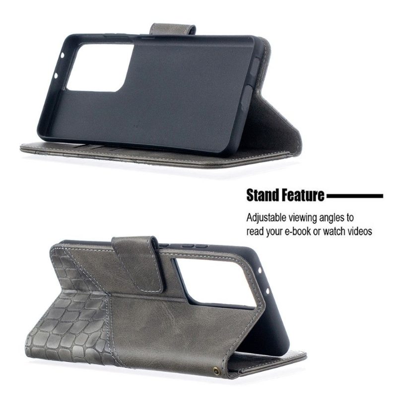 Flip Case Samsung Galaxy S21 Ultra 5G Hemming Croc Aspect -nahkaefekti
