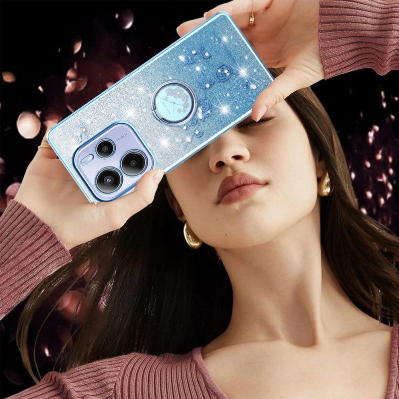 Kuori Xiaomi Redmi Note 14 4g Strassilla Ja Kukalla Koristeltu Sormusteline