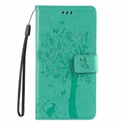 Nahkakotelo Poco C75 Kissa Ja Puu Hihnalla