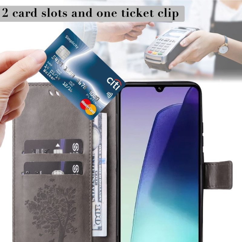 Nahkakotelo Poco C75 Kissa Ja Puu Hihnalla