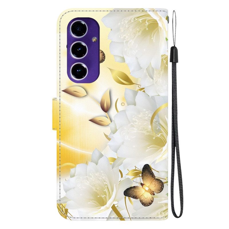 Kotelot Samsung Galaxy A16 5g Kultainen Perhonen Ja Valkoisia Kukkia Suojakuori