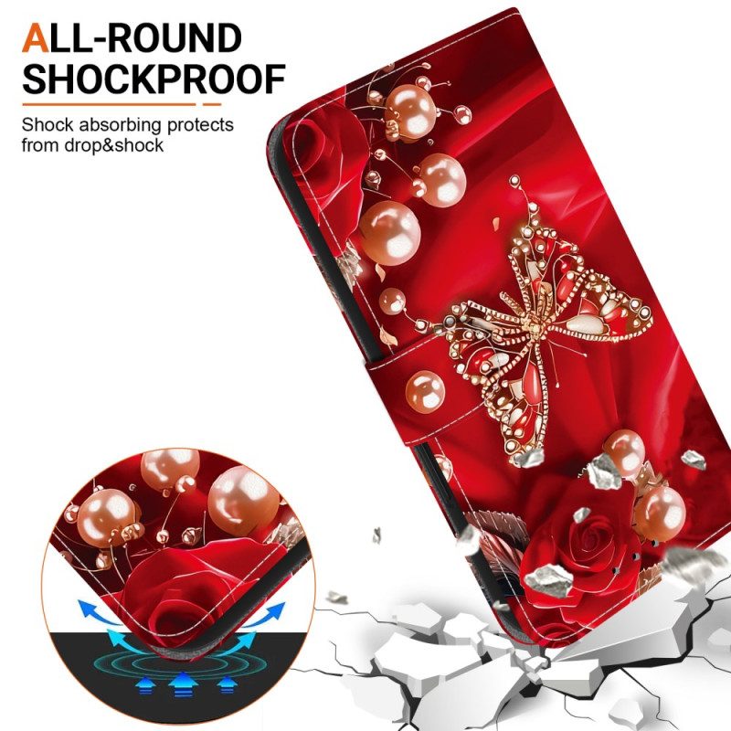 Nahkakotelo Samsung Galaxy A17 4g / 5g Kultainen Ja Helmiperhonen