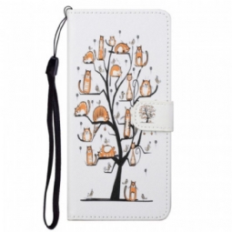 Nahkakotelo Moto G71 5G Suojaketju Kuori Funky Cats Hihnalla