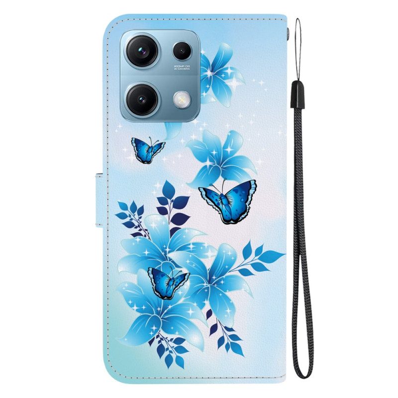Nahkakotelo Xiaomi Redmi Note 14s Sinisiä Perhosia Ja Pieniä Kukkia