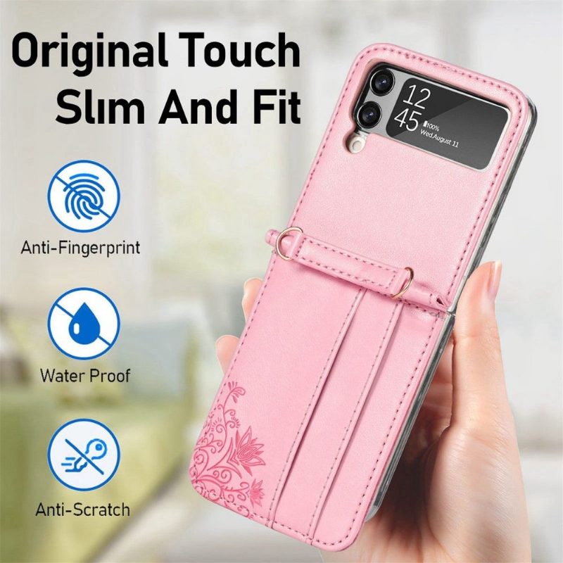Kuori Samsung Galaxy Z Flip 3 5G Kiristysnyörillä Korttikotelo Kukkia
