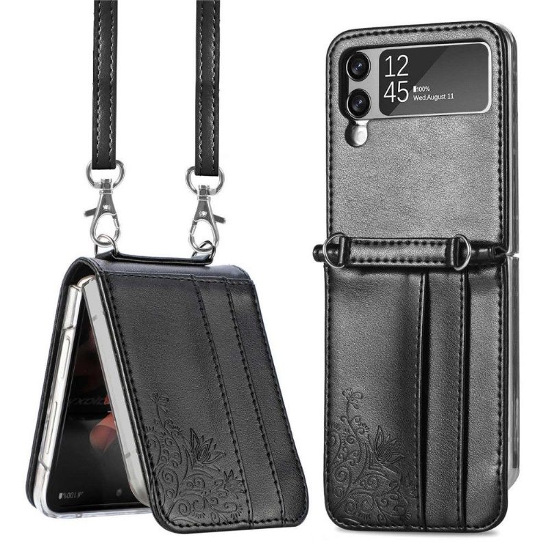 Kuori Samsung Galaxy Z Flip 3 5G Kiristysnyörillä Korttikotelo Kukkia