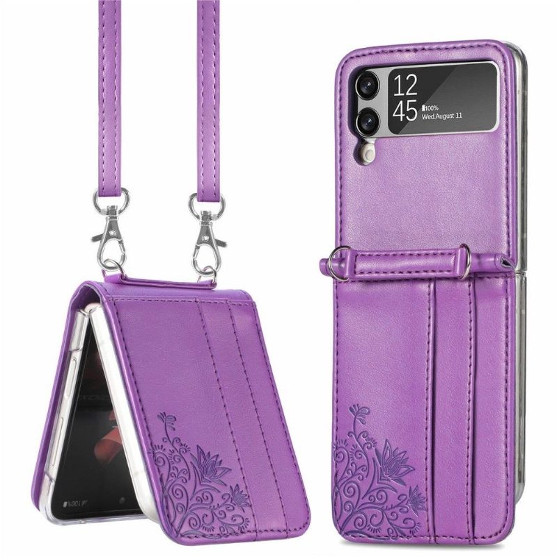 Kuori Samsung Galaxy Z Flip 3 5G Kiristysnyörillä Korttikotelo Kukkia