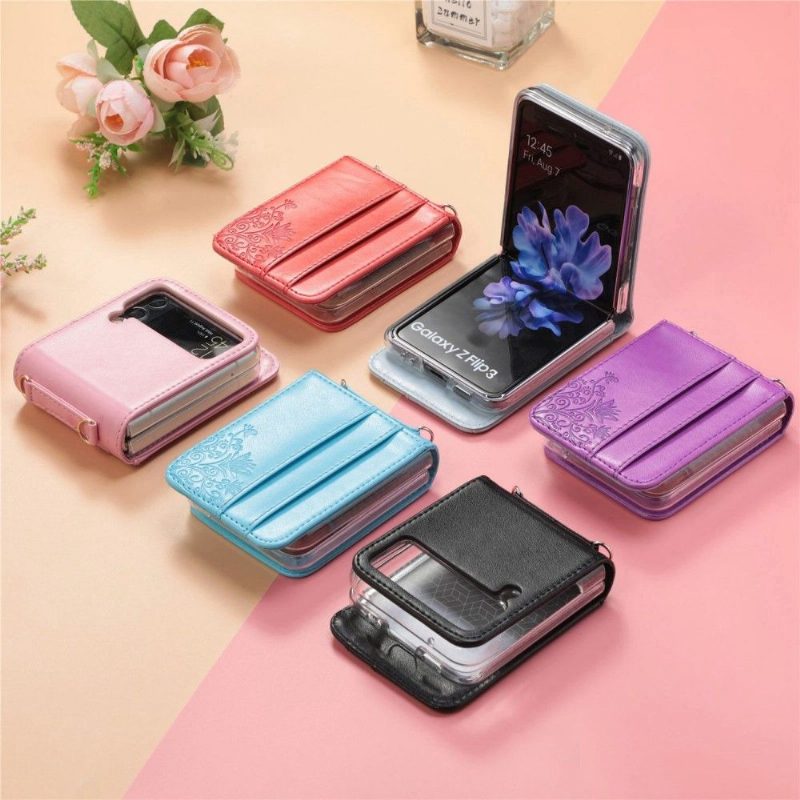 Kuori Samsung Galaxy Z Flip 3 5G Kiristysnyörillä Korttikotelo Kukkia