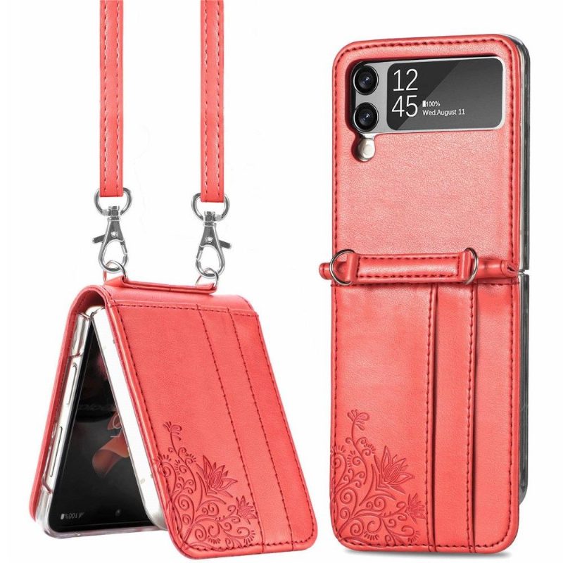 Kuori Samsung Galaxy Z Flip 3 5G Kiristysnyörillä Korttikotelo Kukkia