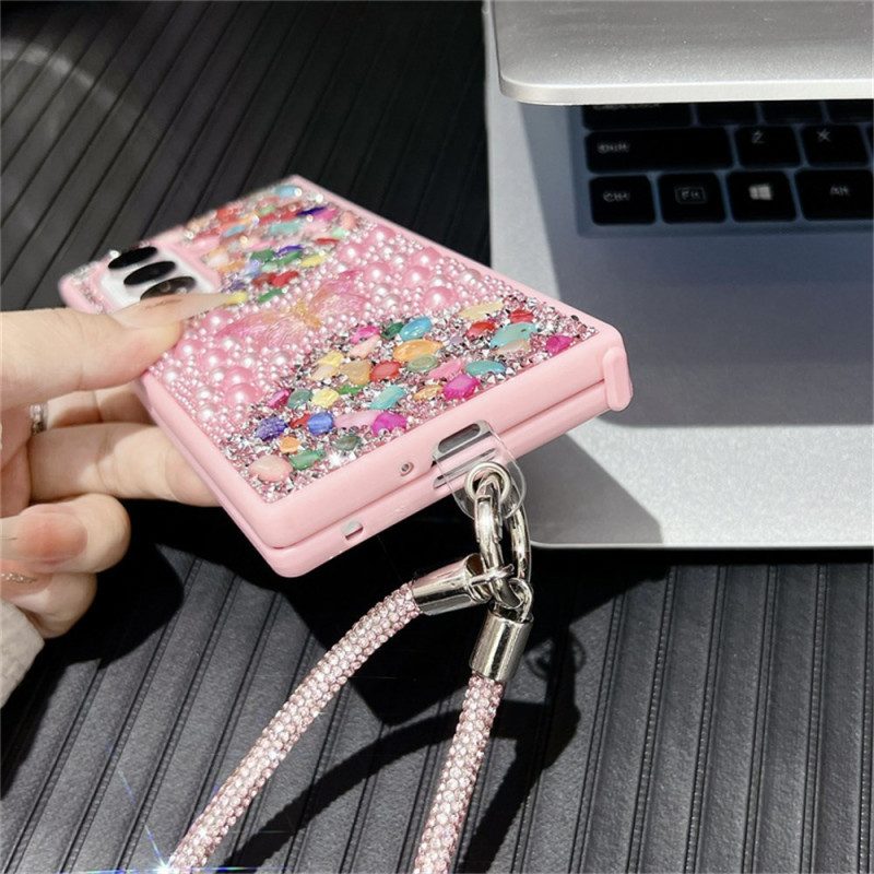 Kuori Samsung Galaxy Z Fold 7 Strassilla Koristeltu Perhonen Hihnalla