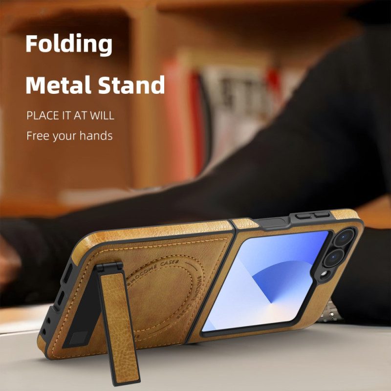 Kuori Samsung Galaxy Z Flip 7 Fe Magsafe-yhteensopiva Nahkaefekti Jalusta