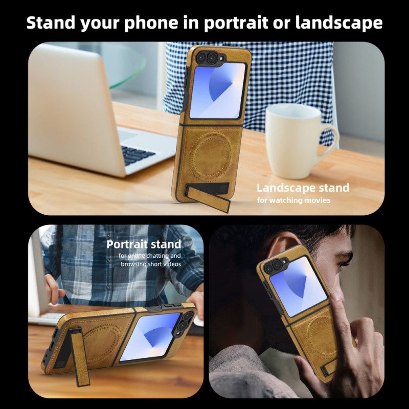 Kuori Samsung Galaxy Z Flip 7 Fe Magsafe-yhteensopiva Nahkaefekti Jalusta