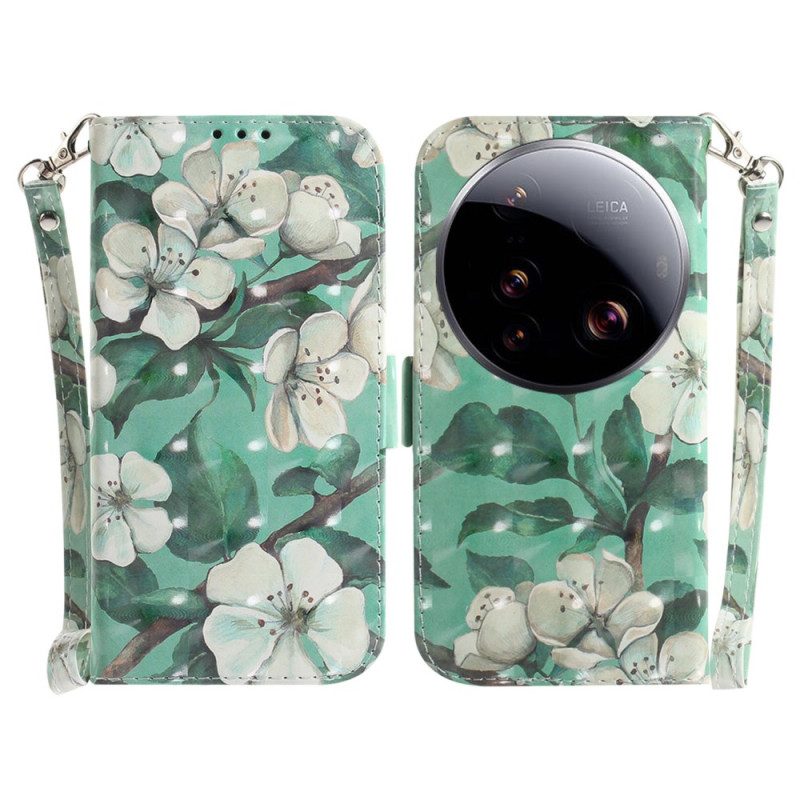 Kuoret Xiaomi 15 Ultra Valkoisia Kukkia Ja Nauha