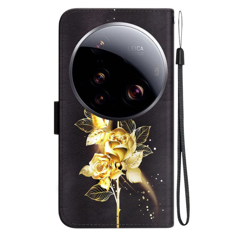 Nahkakotelo Xiaomi 15 Ultra Kultaisia Ruusuja Ja Perhosia