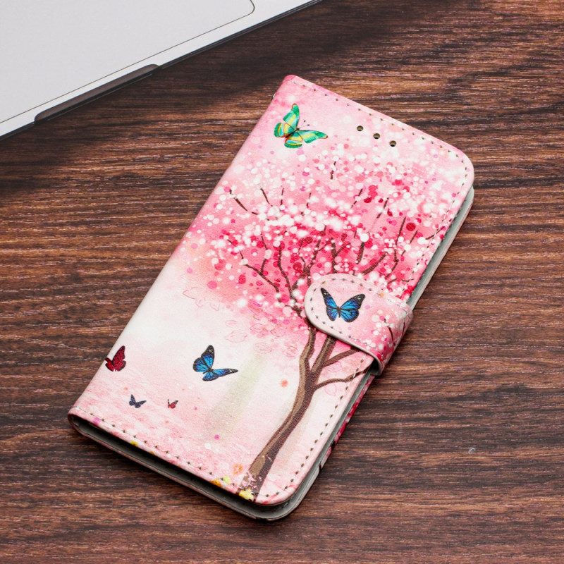 Nahkakotelo iPhone 16 Plus Kirsikankukkakuvio