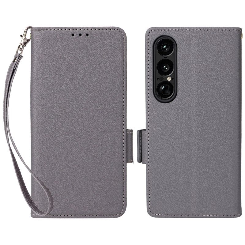 Nahkakotelo Sony Xperia 1 Vii Litsikuvio Hihnalla