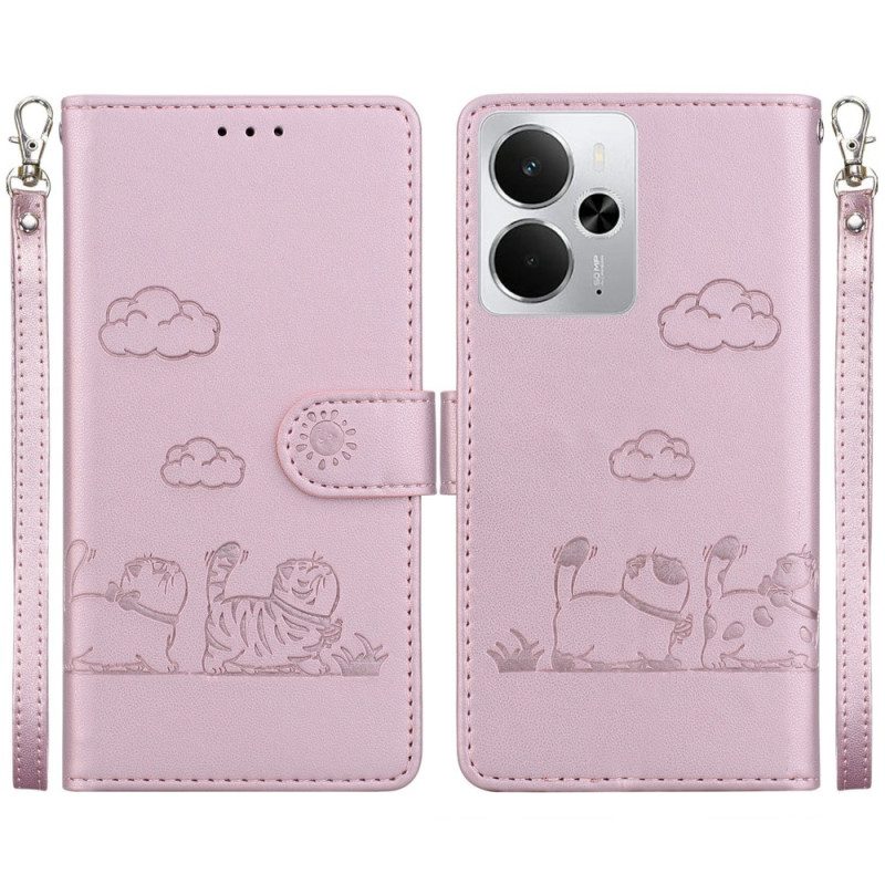 Kotelot Realme 14 5g Rfid-kissakuvioinen Hihna