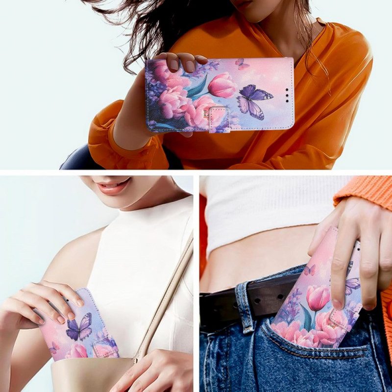 Kotelot Realme 14 5g Vaaleanpunaisia Kukkia Ja Perhosia