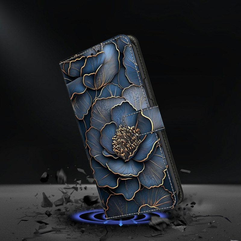 Nahkakotelo Xiaomi Redmi Note 15 5g Sininen Ja Kultainen Pioni